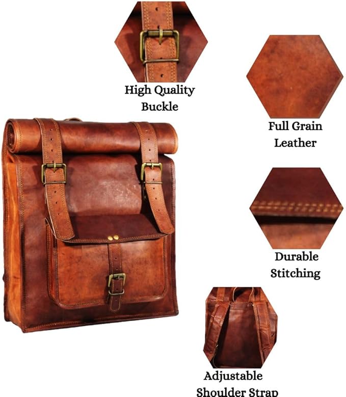 Men's 17 inch Leather Vintage Roll On Laptop Backpack Rucksack knapsack college bag