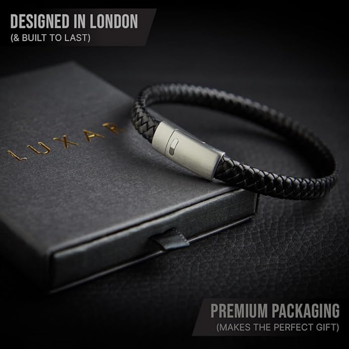 LUXAR Men’s Genuine Leather Bracelet | Interwoven Black Leather Bracelets with Brush Stainless Steel Clasp | Minimalist, Designer Jewelry for Men