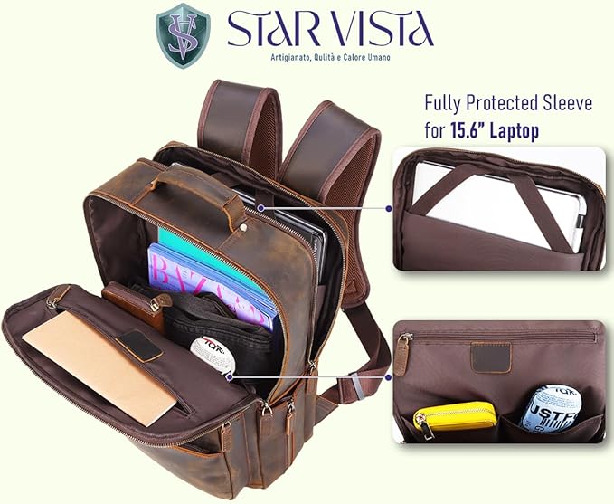 STAR VISTA 15.6" Trajan Vintage Full Grain Leather Laptop Backpack for Men, Multi Pockets, Casual Outdoor Business Travel Rucksack, YKK Zippers, Dark Brown