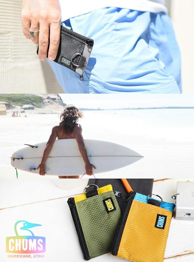 Chums Surfshorts Wallet - Lightweight Slim Wallet w/RFID Blocking Card - Zippered, Minimalist Wallet w/Key Ring - Patterns
