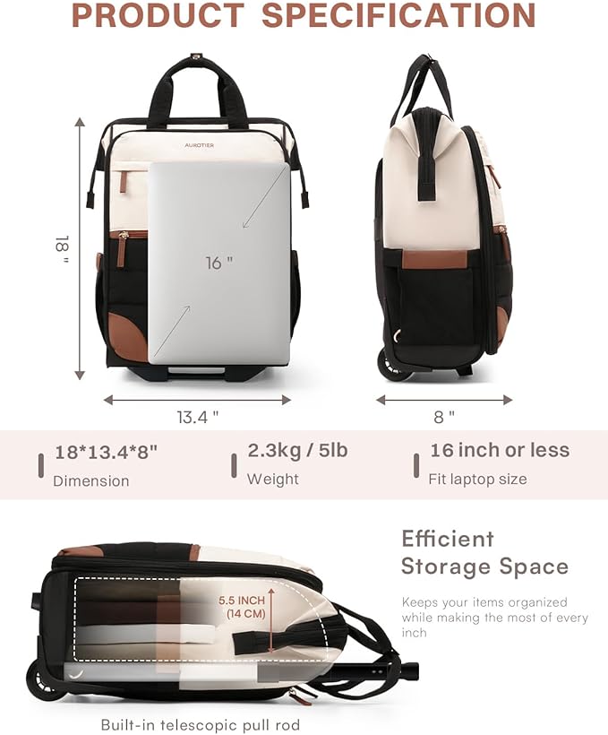 Rolling Puffer Backpack for Women, Travel Backpack with Wheels, 16 Inch Wheeled Laptop Backpack, Dual-Opening Design Overnight College Underseat Carry on Luggage, Roller Business Work Bag, Beige Brown