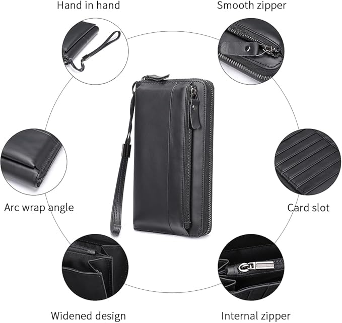 LUKZIJAES Long Wallets for Men Genuine Leather Casual Business Man Wallet with Zipper Large Capacity Phone Handbag Mens Clutch Purse (#5-Black) (#5-Black)