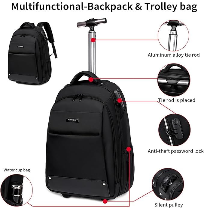 Rolling Backpack for Men Adults, Business Carry on Luggage 15 inch Laptop Wheeled Backpack, Travel Suitcase Women Trolley Bag with Wheels,Black