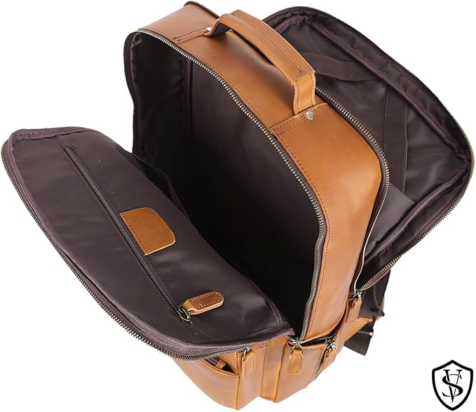 STAR VISTA 15.6" Trajan Vintage Full Grain Leather Laptop Backpack for Men, Multi Pockets, Casual Outdoor Business Travel Rucksack, YKK Zippers, Light Brown