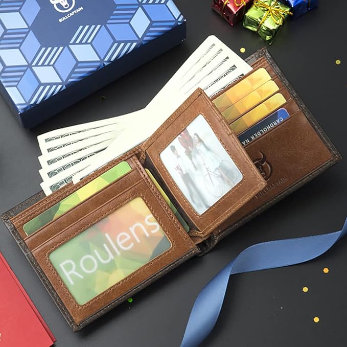 LUKZIJAES Genuine Leather Wallet for Men RFID Blocking Slim Bifold Front Pocket Wallets with 2 ID Window (#1-Yellow Brown)