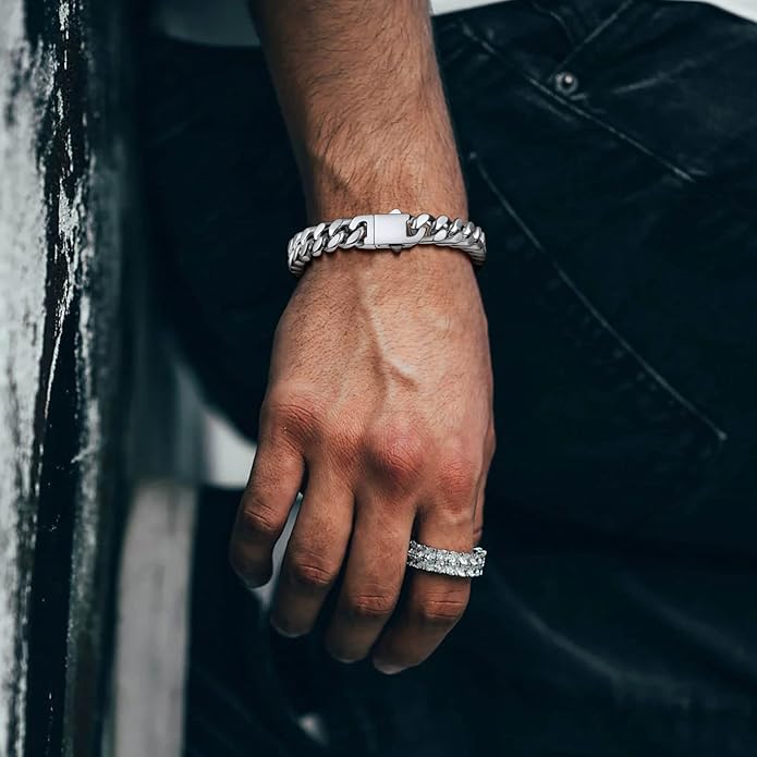 Stainless Steel Bracelets for Men,Cuban Link Mens Bracelet Silver/Black/Gold Plated Classic Chain Wrist Bracelets Jewelry Gifts for Dad Husband 5/7/9/12MM Width,7.5"/8.3"/9" Length with Gift Box