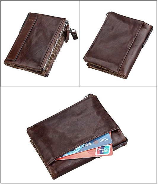 shuainiu Men's Folding Double Zip Wallet RFID Blocks Retro Short Coin Purse