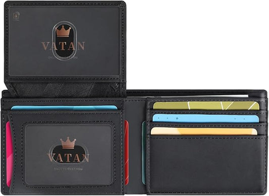 VATAN Wallet for Men, Mens Minimalist Wallet Credit Card Holder, Slim Leather Rfid 2 ID Window Large Capacity With Gift Box (Crazy Horse Black)
