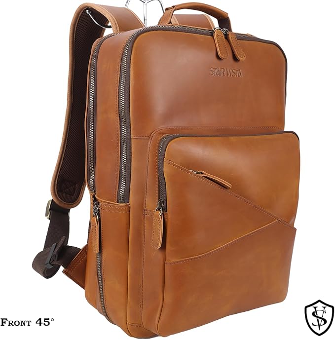 STAR VISTA 15.6" Trajan Vintage Full Grain Leather Laptop Backpack for Men, Multi Pockets, Casual Outdoor Business Travel Rucksack, YKK Zippers, Light Brown