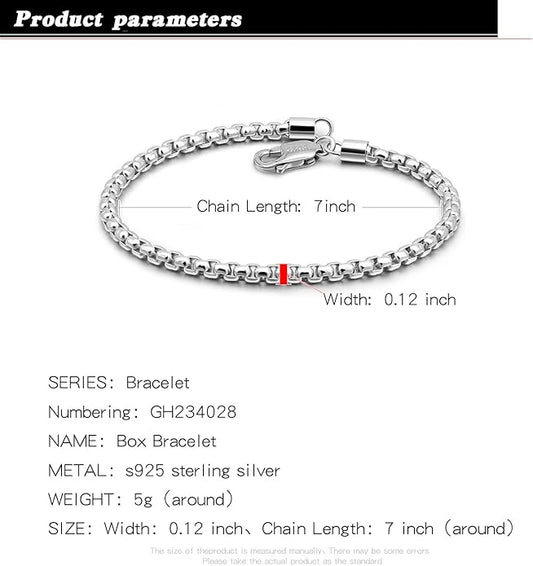 H&Beautimer Solid 925 Sterling Silver - Classic Men's 3MM Box Chain Bracelet - Original Silver Party Jewelry Bracelet 6.3-6.7-7-7.5-8-8.5-9'' - Handmade in Italy