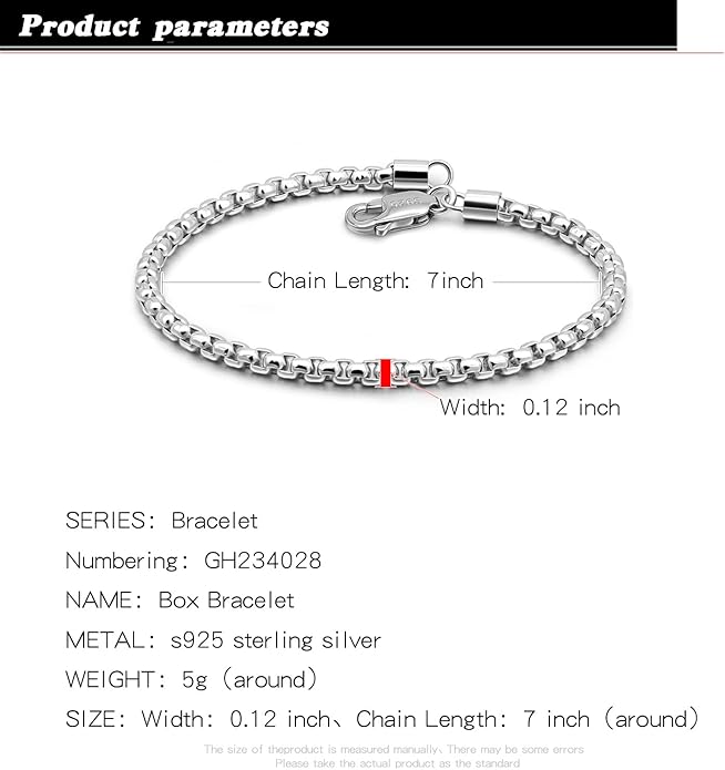 H&Beautimer Solid 925 Sterling Silver - Classic Men's 3MM Box Chain Bracelet - Original Silver Party Jewelry Bracelet 6.3-6.7-7-7.5-8-8.5-9'' - Handmade in Italy