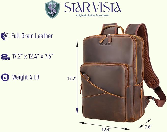 STAR VISTA 15.6" Trajan Vintage Full Grain Leather Laptop Backpack for Men, Multi Pockets, Casual Outdoor Business Travel Rucksack, YKK Zippers, Dark Brown