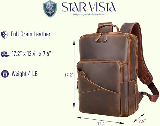 STAR VISTA 15.6" Trajan Vintage Full Grain Leather Laptop Backpack for Men, Multi Pockets, Casual Outdoor Business Travel Rucksack, YKK Zippers, Dark Brown