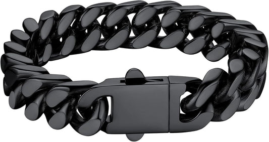 Bestyle Thick Mens Cuban Link Chain Bracelets, Durable Real 18K Gold/Black Metal Plated Solid Stainless Steel Hand Chain Cuban Bracelets for Men, Silver Black Gold Bracelets for Father Husband