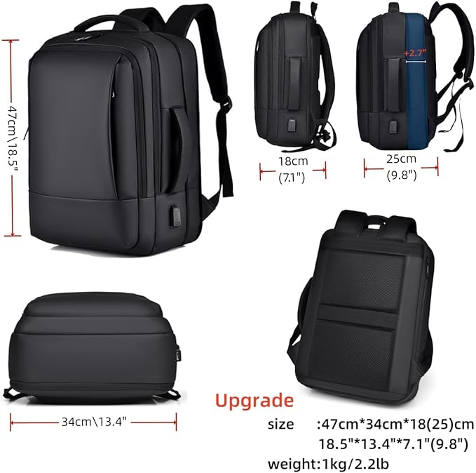 17/15.6" Business laptop backpack, PU Travel laptop backpack,carry on backpack, Expandable laptop backpack Men,college backpack(02#updated, Black)