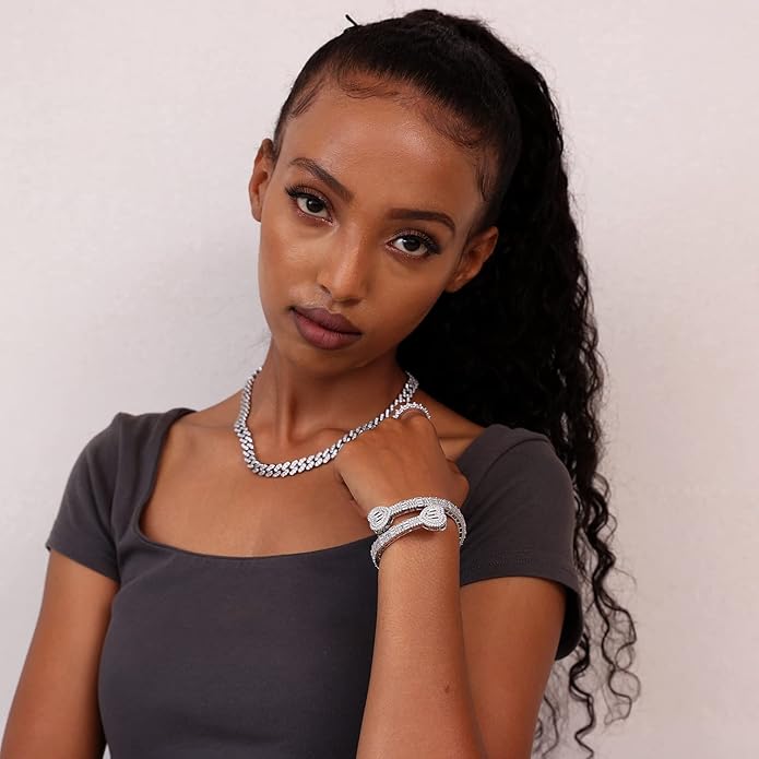 Lulu Mel Iced Out Baguette Diamond Bracelet Jewelry for Women, Hip Hop Mens 14k Gold Silver Plated Cubic Zirconia Bangle Bracelet, Men Heart Cuff Bracelet With Jewelry Box