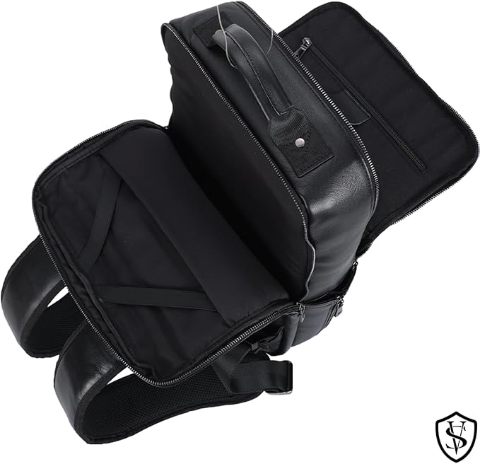 STAR VISTA 15.6" Trajan Premium Calfskin Leather Laptop Backpack for Men, Multi Pockets, Business Travel Bag, Casual Outdoor Rucksack, YKK Zippers, Black