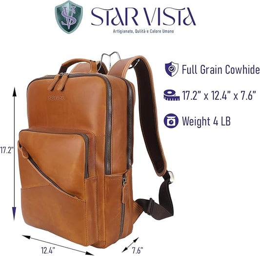 STAR VISTA 15.6" Trajan Vintage Full Grain Leather Laptop Backpack for Men, Multi Pockets, Casual Outdoor Business Travel Rucksack, YKK Zippers, Light Brown