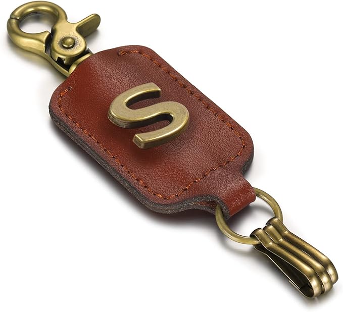 XGALBLA Initial Letter Brown Leather Alphabet Keychain with Easy Clasp, Key Car Bag Key Ring for Women & Men