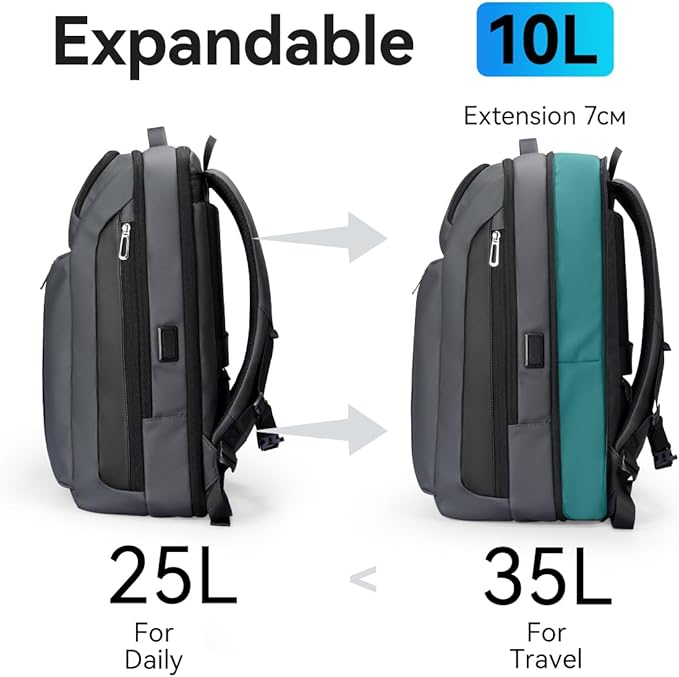 Business Laptop Backpack, Expandable 25L-35L Large Capacity Travel Backpack, Water-resistant Cabin Backpack 45x30x25cm, Work Bag with USB for Men