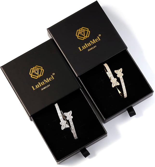 Lulu Mel Iced Out Baguette Diamond Bracelet Jewelry for Women, Hip Hop Mens 14k Gold Silver Plated Cubic Zirconia Bangle Bracelet, Men Heart Cuff Bracelet With Jewelry Box