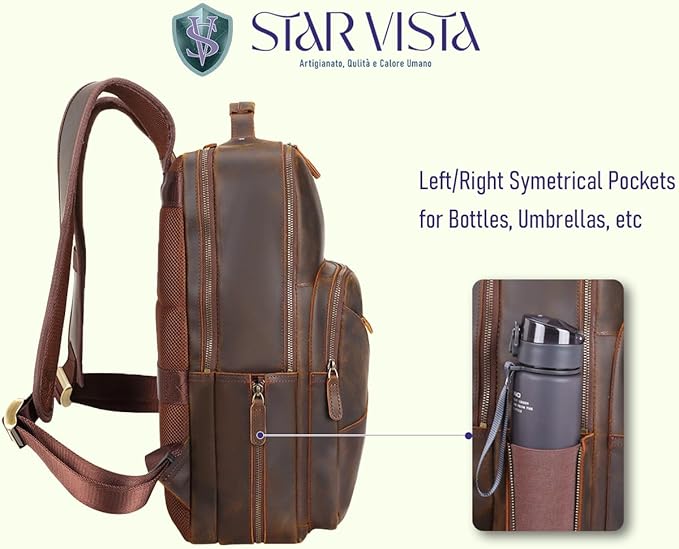 STAR VISTA 15.6" Trajan Vintage Full Grain Leather Laptop Backpack for Men, Multi Pockets, Casual Outdoor Business Travel Rucksack, YKK Zippers, Dark Brown