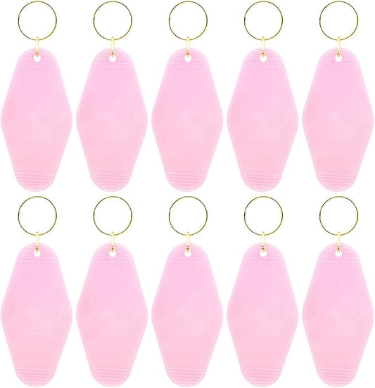 10pcs Blank Hotel Keychains Bulk Vintage Motel Keychain Vinyl Keychains Gold Ring (Translucent Pink)