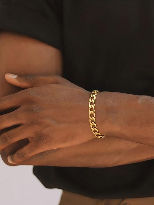 ChainsPro Men Sturdy Figaro/Cuban Chain Bracelet, 6/9/13mm Width, 7.48/8.26inch Length, 316L Stainless Steel/18K Gold Tone/Black- Send Gift Box