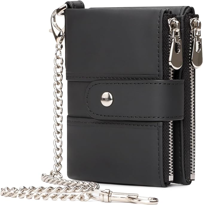 LAREET Mens Wallet with Chain, Genuine Leather Wallet RFID Blocking Bifold Purse Zipper Coin Pocket with Anti-Theft Chain