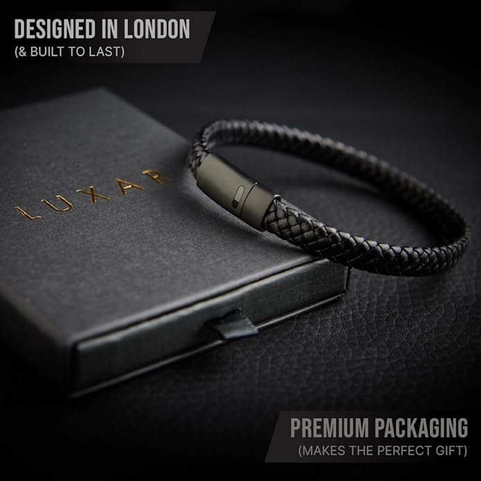 LUXAR Men’s Genuine Leather Bracelet | Interwoven Black Leather Bracelets with Brush Stainless Steel Clasp | Minimalist, Designer Jewelry for Men