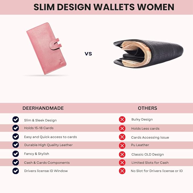 womens wallet (Holds 15-18 Cards, 4 Flat Pockets, 1 ID Windows) Genuine Leather clutch purses for women | Slim long wallets for women | rfid blocking wallet (pink wallets)