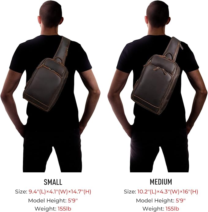 Polare Modern Style Sling Shoulder Bag Men’s Travel/Hiking Daypack with Full Grain Italian Leather and YKK Zippers