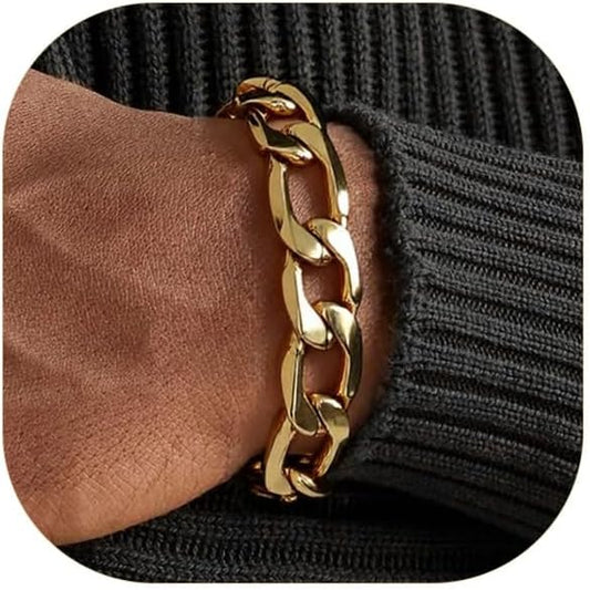 ChainsPro Men Sturdy Figaro/Cuban Chain Bracelet, 6/9/13mm Width, 7.48/8.26inch Length, 316L Stainless Steel/18K Gold Tone/Black- Send Gift Box