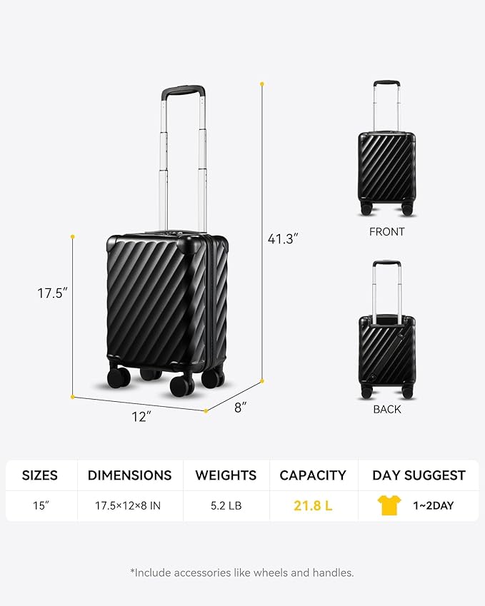 LUGGEX Luggage with Spinner Wheels, Polycarbonate Hard Shell Suitcase, Underseat 15 Inch, Shadow Black