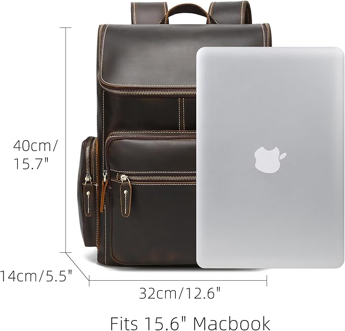 Mens Full Grain Genuine Leather Backpack, Vintage Rucksack Bag Fit 15.6" Laptop, Business Hiking Travel Overnight Shoulder Daypacks - Brown