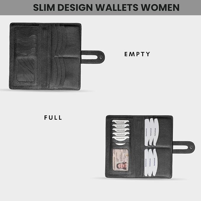womens wallet (Holds 15-18 Cards, 4 Flat Pockets, 1 ID Windows) Genuine Leather clutch purses for women | Slim long wallets for women | rfid blocking wallet (black wallet)