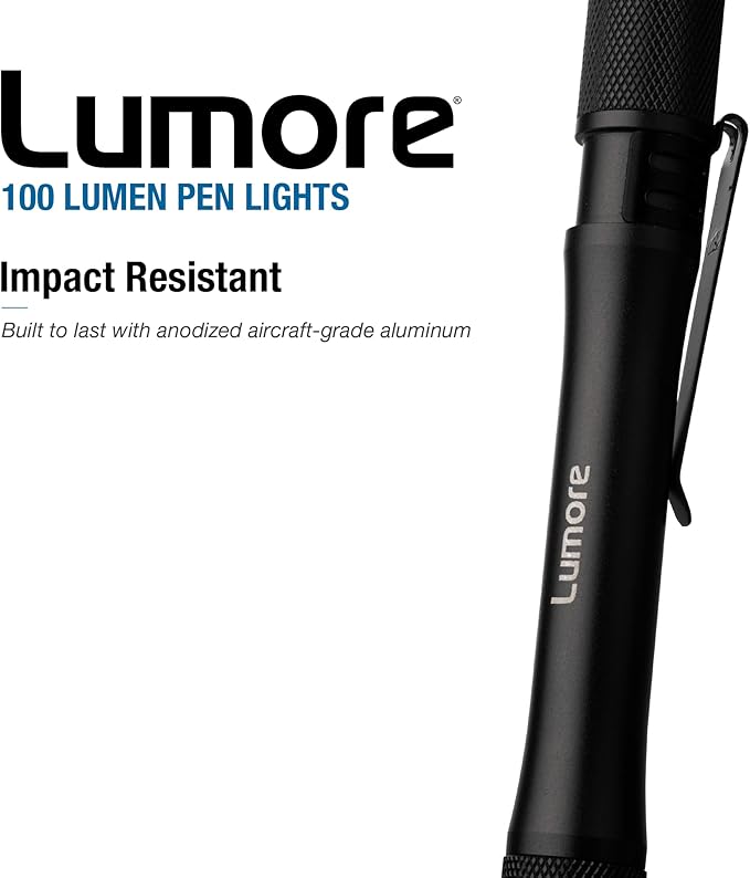LUMORE Pen Light 4 Pack | 100 Lumens Each, 2 Hour Run Time, Battery Powered Handheld Flashlight, Durable & Waterproof, Perfect for EDC, Camping & Fishing, Includes 2x AA Batteries