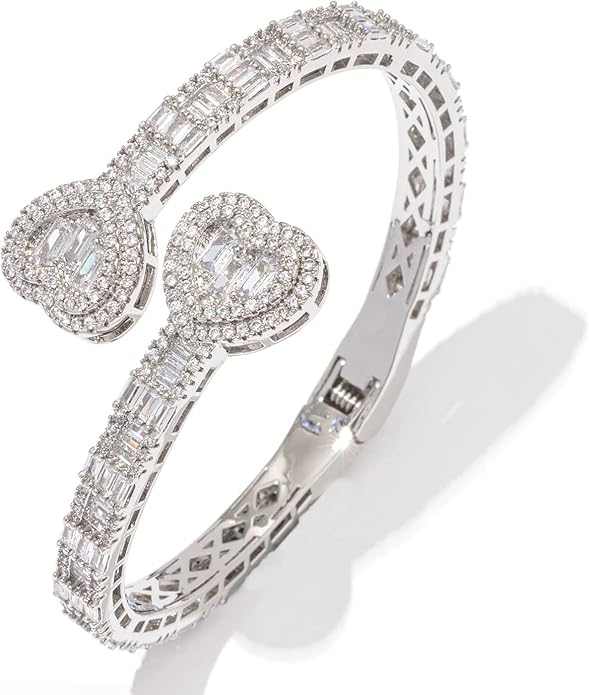 Lulu Mel Iced Out Baguette Diamond Bracelet Jewelry for Women, Hip Hop Mens 14k Gold Silver Plated Cubic Zirconia Bangle Bracelet, Men Heart Cuff Bracelet With Jewelry Box
