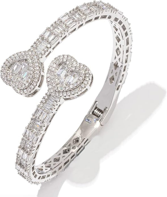 Lulu Mel Iced Out Baguette Diamond Bracelet Jewelry for Women, Hip Hop Mens 14k Gold Silver Plated Cubic Zirconia Bangle Bracelet, Men Heart Cuff Bracelet With Jewelry Box