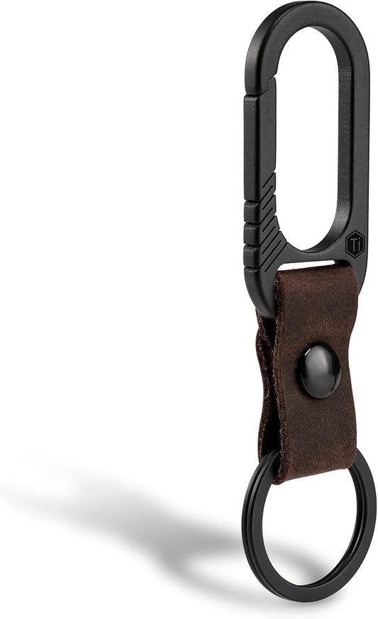 KeyUnity KM02 Titanium Belt Clip Carabiner Leather Keychain Holder with Removable Stainless Steel Key Ring