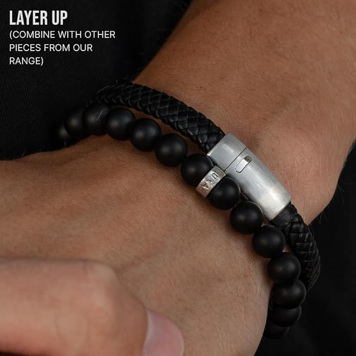 LUXAR Men’s Genuine Leather Bracelet | Interwoven Black Leather Bracelets with Brush Stainless Steel Clasp | Minimalist, Designer Jewelry for Men