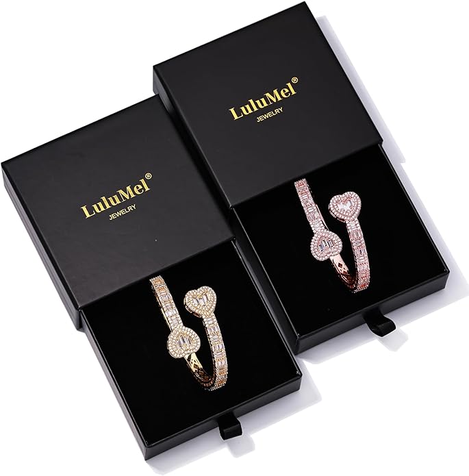 Lulu Mel Iced Out Baguette Diamond Bracelet Jewelry for Women, Hip Hop Mens 14k Gold Silver Plated Cubic Zirconia Bangle Bracelet, Men Heart Cuff Bracelet With Jewelry Box