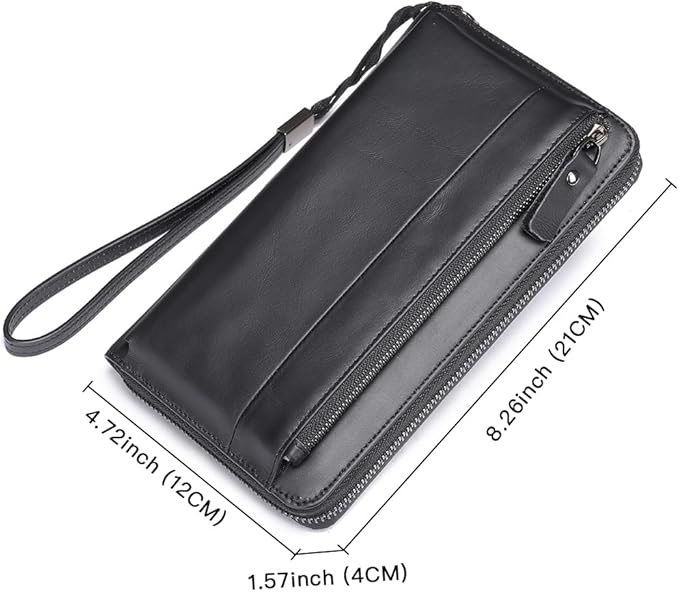 LUKZIJAES Long Wallets for Men Genuine Leather Casual Business Man Wallet with Zipper Large Capacity Phone Handbag Mens Clutch Purse (#5-Black) (#5-Black)