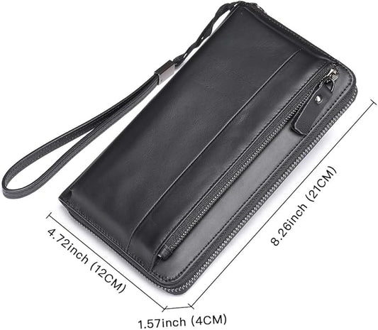 LUKZIJAES Long Wallets for Men Genuine Leather Casual Business Man Wallet with Zipper Large Capacity Phone Handbag Mens Clutch Purse (#5-Black) (#5-Black)