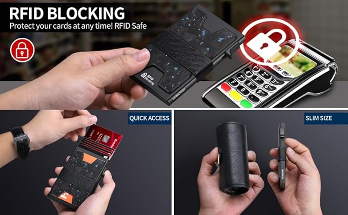 Minimalist Wallet for Men, Slim RFID Blocking Mens Wallet, Aluminum Pop Up Card Case, Thin Metal Credit Card Holder with Cash Strap -12 Cards Storage