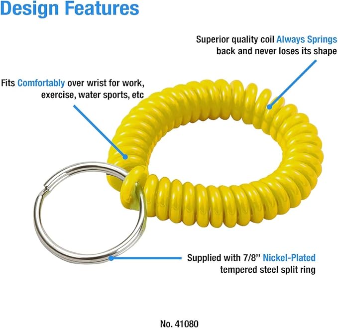 Lucky Line 2” Spiral Wrist Coil with Steel Key Ring, Flexible Wrist Band Key Chain Bracelet, Stretches to 12”, Yellow, 1 PK (410801)