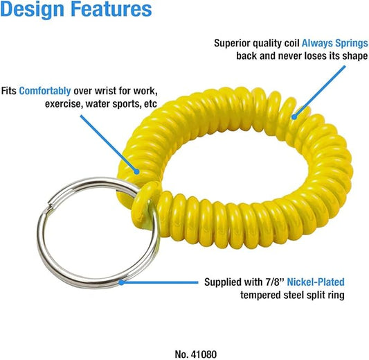 Lucky Line 2” Spiral Wrist Coil with Steel Key Ring, Flexible Wrist Band Key Chain Bracelet, Stretches to 12”, Yellow, 1 PK (410801)