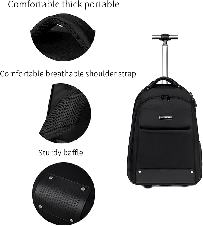 Rolling Backpack for Men Adults, Business Carry on Luggage 15 inch Laptop Wheeled Backpack, Travel Suitcase Women Trolley Bag with Wheels,Black