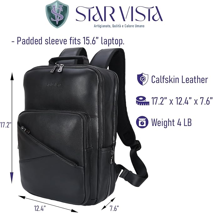 STAR VISTA 15.6" Trajan Premium Calfskin Leather Laptop Backpack for Men, Multi Pockets, Business Travel Bag, Casual Outdoor Rucksack, YKK Zippers, Black
