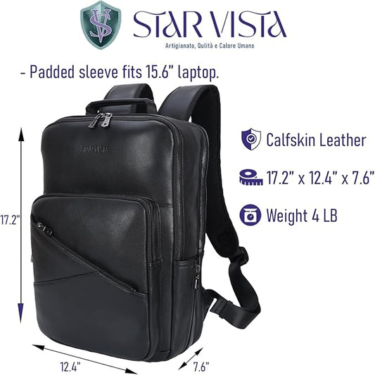 STAR VISTA 15.6" Trajan Premium Calfskin Leather Laptop Backpack for Men, Multi Pockets, Business Travel Bag, Casual Outdoor Rucksack, YKK Zippers, Black